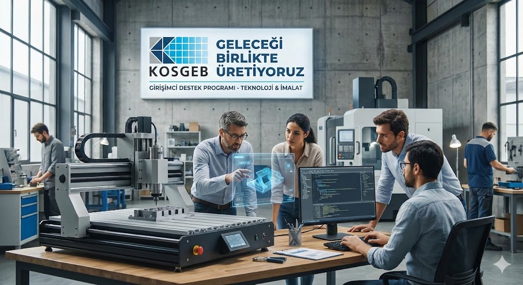 KOSGEB Girişimci Destek Programı kapsamında modern bir atölyede CNC makinesi başında çalışan teknoloji odaklı girişimciler.