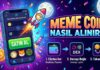 Meme Coin Nasıl Alınır başlıklı blog yazısı için Dogecoin, Shiba Inu ve Pepe coin logoları ile 3 adımda satın alma sürecini gösteren kapak görseli.