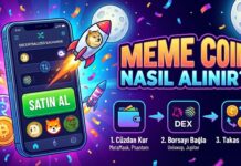 Meme Coin Nasıl Alınır? Adım Adım Güvenli Alım Rehberi Meme Coin Nasıl Alınır başlıklı blog yazısı için Dogecoin, Shiba Inu ve Pepe coin logoları ile 3 adımda satın alma sürecini gösteren kapak görseli.