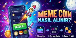 Meme Coin Nasıl Alınır? Adım Adım Güvenli Alım Rehberi Meme Coin Nasıl Alınır başlıklı blog yazısı için Dogecoin, Shiba Inu ve Pepe coin logoları ile 3 adımda satın alma sürecini gösteren kapak görseli.