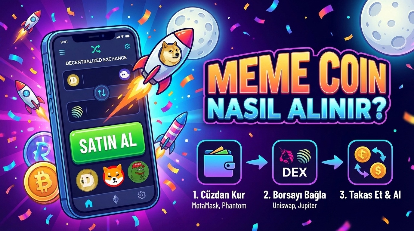 Meme Coin Nasıl Alınır başlıklı blog yazısı için Dogecoin, Shiba Inu ve Pepe coin logoları ile 3 adımda satın alma sürecini gösteren kapak görseli.