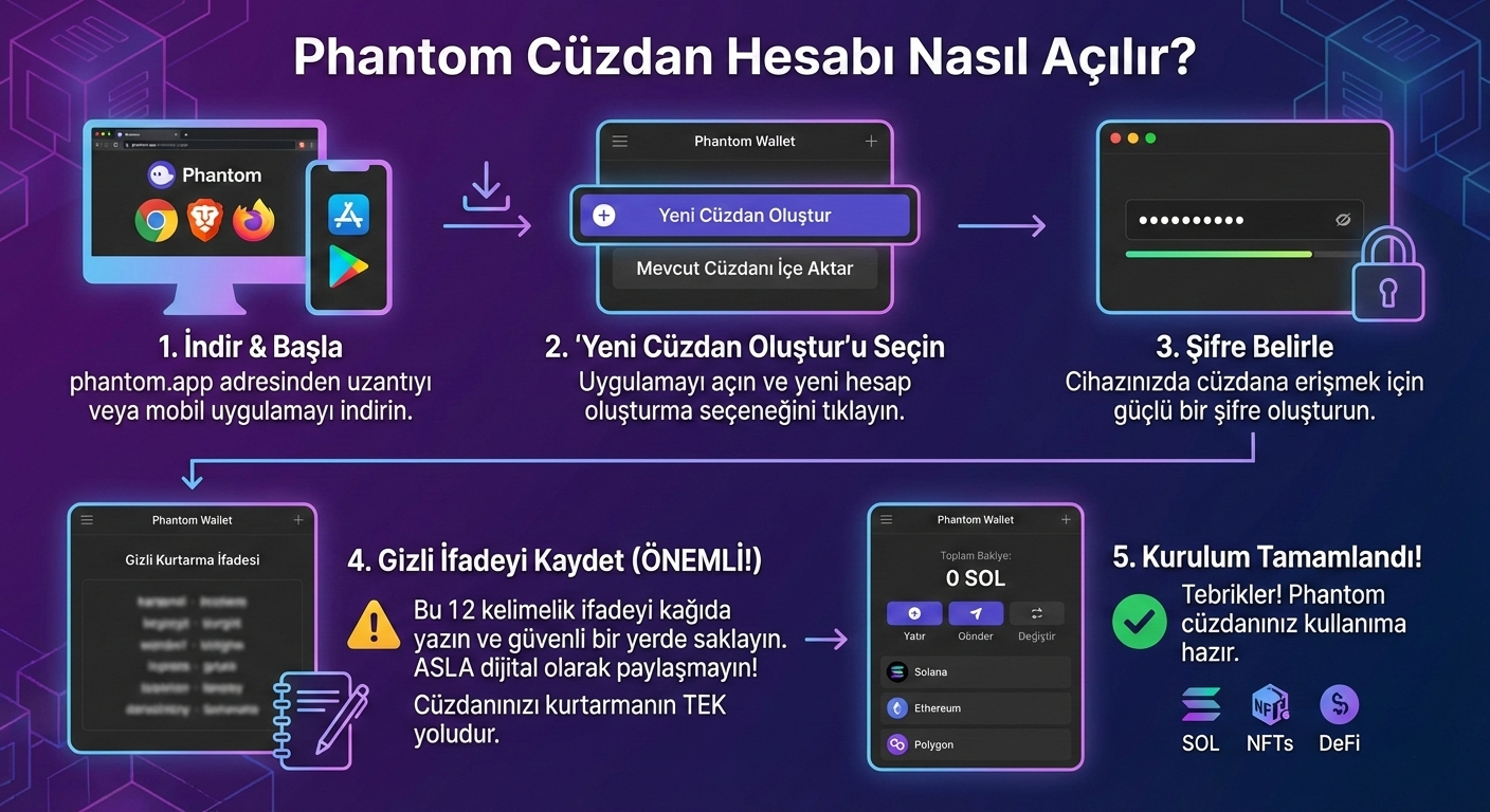 5 adımda Phantom Cüzdan hesabı nasıl açılır ve kurulur gösteren Türkçe infografik rehberi.